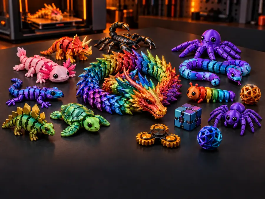 Coleção de brinquedos articulados impressos em 3D com dragão arco-íris no centro